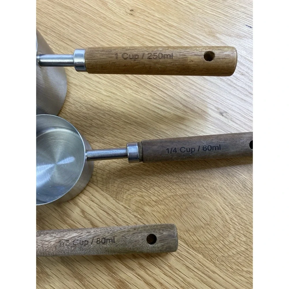 Set of 7 Stainless Steel & Wood Measuring Cups Nesting